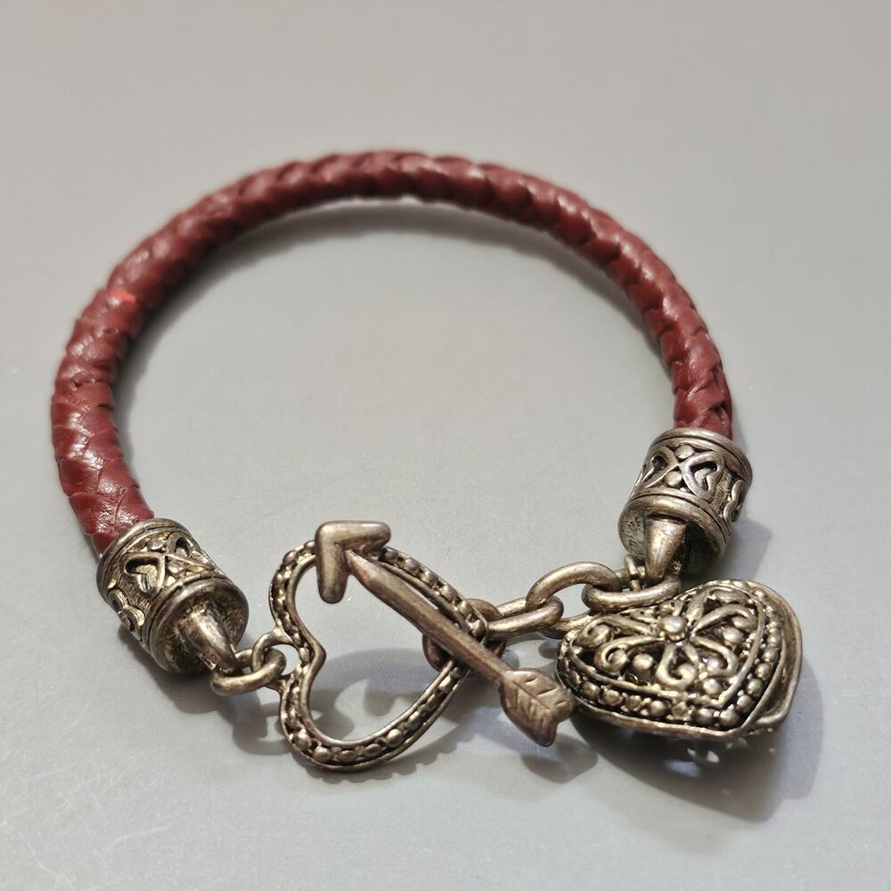 Premier Designs HEARTBEAT Silver Heart Charm Bracelet Red Woven Leather Toggle